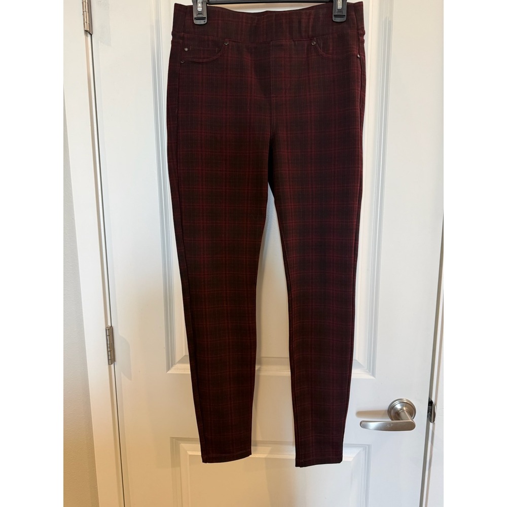 Liverpool Womens Plaid Pull On Leggings Burgundy Black Skinny Pants Size 6/28